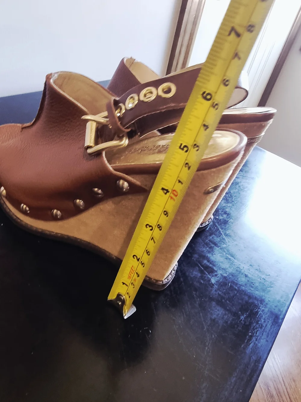 Michael Kors Brown Leather and Suede Wedge Sandals with Stud Accents